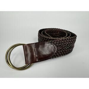 Vintage Talbots Wide Woven Leather Double Brass Ring Belt Brown M 42” Boho Retro